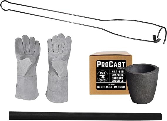 ProCast #4 6Kg Clay Graphite Crucible and Vertical Heavy Duty Pouring Foundry Tongs Glove Stir Rod Kit for Propane Furnace Melting Copper Gold Silver Brass Bronze Crucible Tongs ...