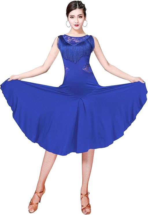 Z&X Ballroom Dance Dresses for Women Fringed Lace Back Salsa Latin Dance Dress with Shorts (5 Colors)