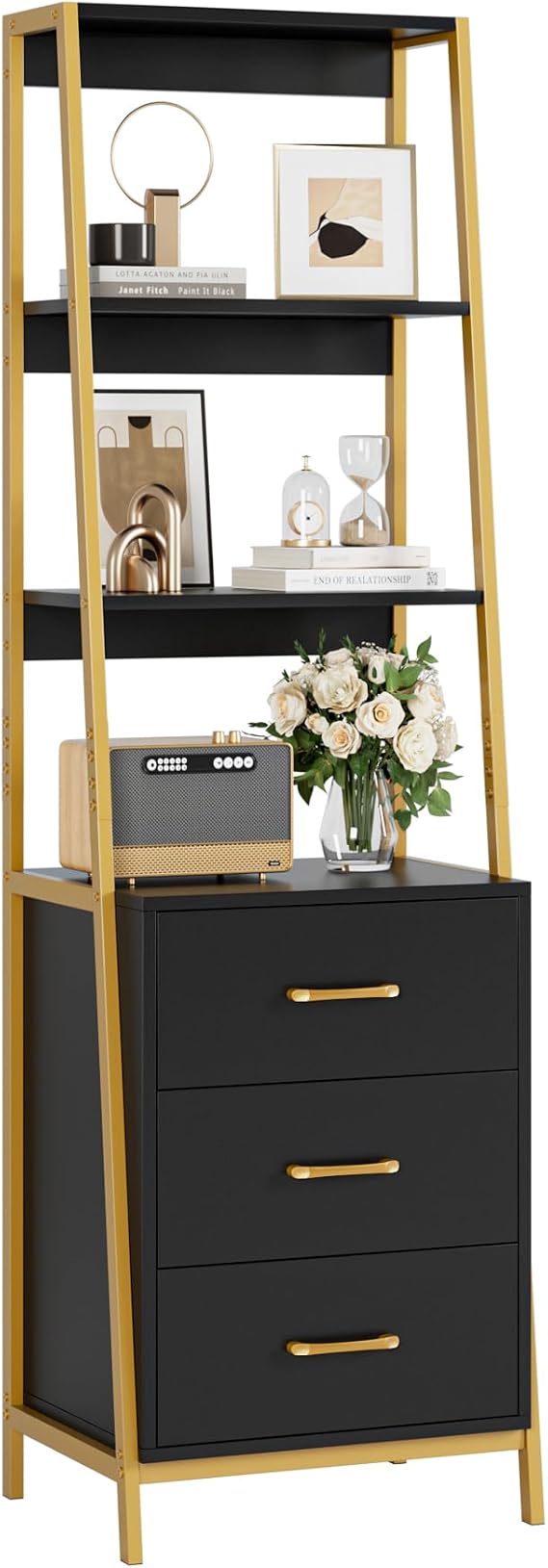 HITHOS Black Gold 4-Tier Bookshelf, Tall Bookcase with 3 Wooden Drawers, Modern Ladder Book Shlef Storage Organizer for Living Room, Entryway, Office