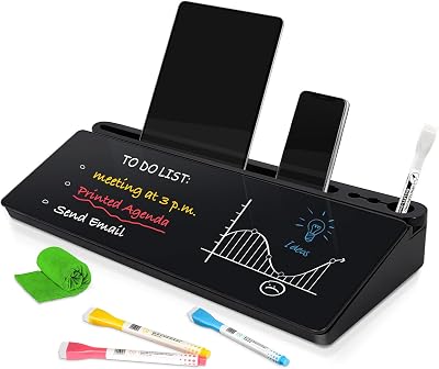 DOLLAR BOSS Glass Desk Whiteboard Small Dry Erase Board Desktop White Board with Storage Drawer Computer Keyboard Stand Desk Organizer Office Accessories School Supplies with 4 Markers 1 Rag, Black