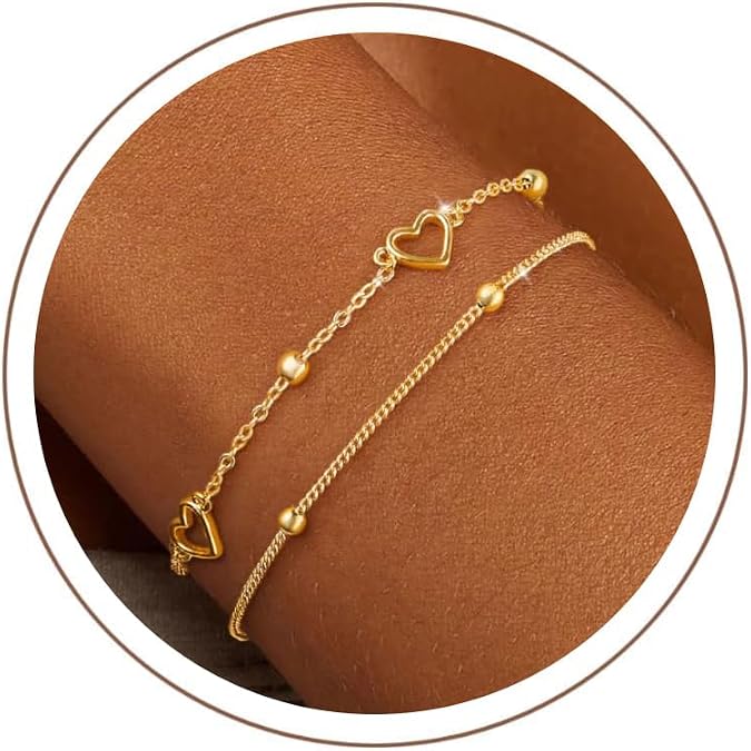 ZHESHY Bracelet Women's Gold Silver Chain Bracelets Set 14k Gold-Plated Charm Bracelet Adjustable Stackable Heart Knot Paper Clip Pearl Bracelet Golden Bracelet Jewellery Women Women