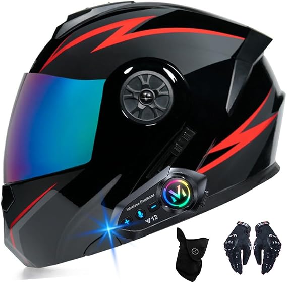 Bluetooth Flip-Up Motorcycle Helmet Modular Motorcycle Helmet Full Face Helmet with Anti-Fog Double Mirror ECE Approval with Microphone for Automatic Response Integrated Scooter Helmet