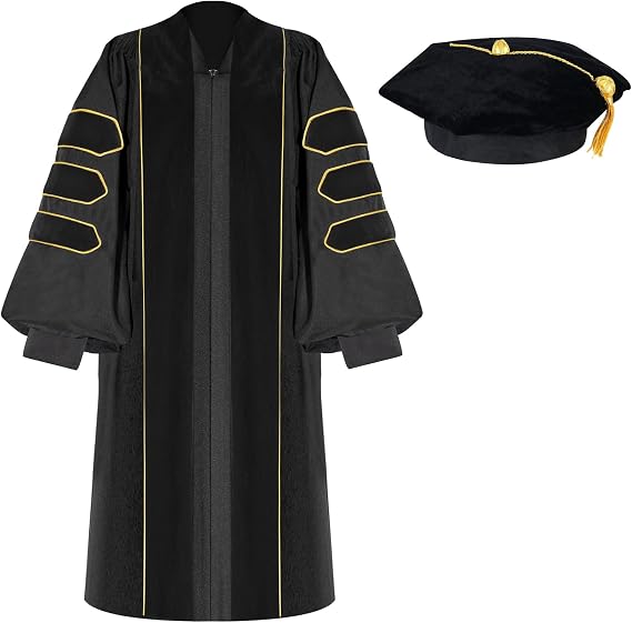 Unisex Deluxe Doctoral Graduation Gown with 8 Sides Doctorate Tam | Gold Piping Doctoral Regalia for Graduation Ceremony Black-54