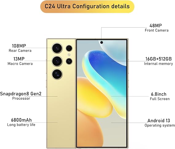 I26 Ultra Unlocked Smartphone,6.99" HD+ Display,Built in Pen,16+512GB Unlocked Phone,Snapdragon 8 Gen4,7000mAh Dual Speakers 5G/Face ID/Fingerprint Lock/Dual SIM/GPS (Yellow)