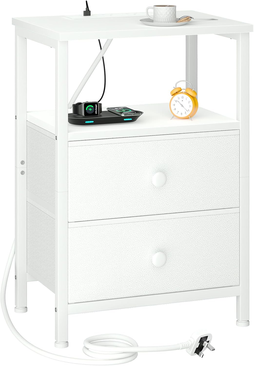 Bedside Table with Charging Station, Nightstand with 2 Fabric Drawers, Small Side Table with Open Storage Shelf, Bedside Cabinet, End Table for Living Room, Bedroom, White UHETS020WT-1