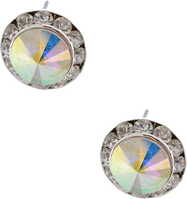 (23017A101) Silver Aurora Borealis Rhinestone 15mm Rondelle Circle Round Shape Stud Earrings