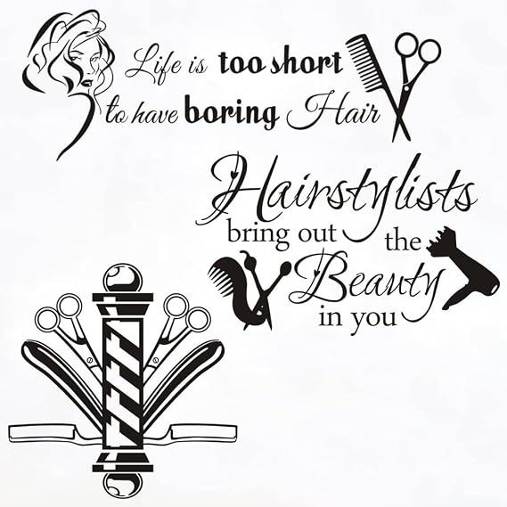 3pcs Barber Shop Decals Hair Stylish Wall Stickers Quotes Vinyl Art Women Bedroom Decor Hair Nail Salon Signboard,Life is Too Short to Have Boring Hair