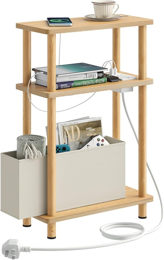APICIZON Narrow Side Table, 3 Tier Bed Side Table, Slim End Table with Charging Station, for Living Room, Bedroom, Small Nightstand with Magazine Rack, Oak(with a storage box and charging station)