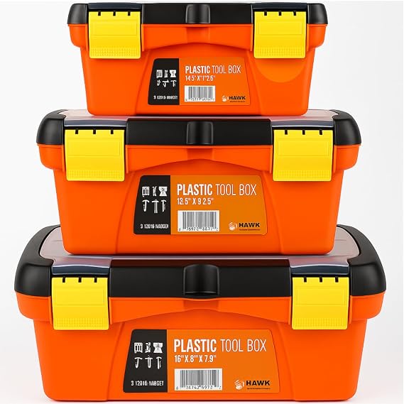 BIN BUDDY 3-Piece Plastic Tool Box Set with Tray Durable Orange Storage Organizer with Secure Latches & Top Compartments Stackable, Heavy-Duty, Multi-Size Toolboxes for DIY, Craft, Home, Garage