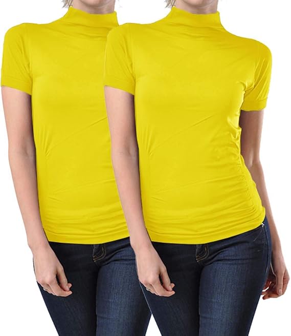 Kuda Moda 2 Pack Women Seamless Short Sleeve Mock Neck Turtleneck Blouse Top Tee Shirts