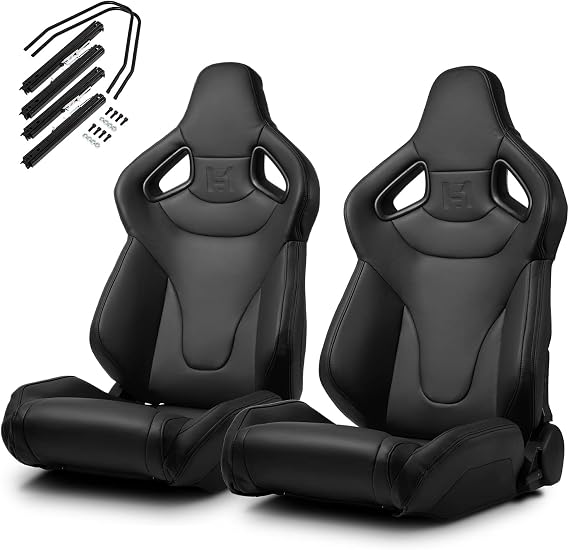 Black PVC Reclinable C-Series Sport Racing Seats Pair W/Slider Left/Right
