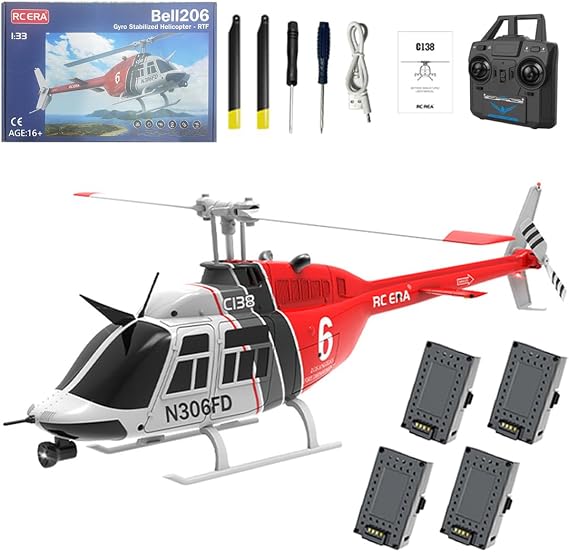 RC ERA C138 1/30 Scale 206 Helicopter for Adult, 2.4G 6CH No Aileron Helicopter with Altitude Hold and Optical Flow Positioning, 4 Batteries (RTF Version/Red&Black&White)