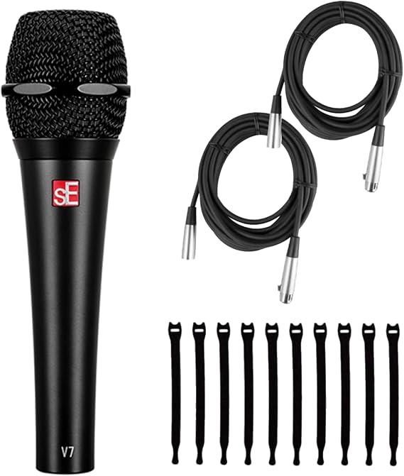 sE Electronics V7 Black Dynamic Supercardioid Handheld Microphone, Black - Bundle with 2 XLR Cables and 10 Cable Ties