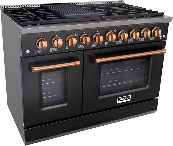 Akicon 48 Inch Freestanding Gas Range - 6.7 cu. ft. Double Rapid Convection Gas Oven Stove with 8 Sealed Burners & a Griddle, Heavy Duty Cast Iron Grates (Black & Copper)
