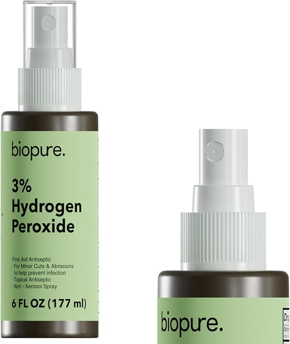 Biopure 6 Fl Oz Hydrogen Peroxide Spray Convenient Non-Aerosol Spray Bottle with 3% Hydrogen Peroxide| Hydrogen Peroxide 3% First Aid Topical Antiseptic for Minor Cuts and Abrasions (6 Fl Oz)