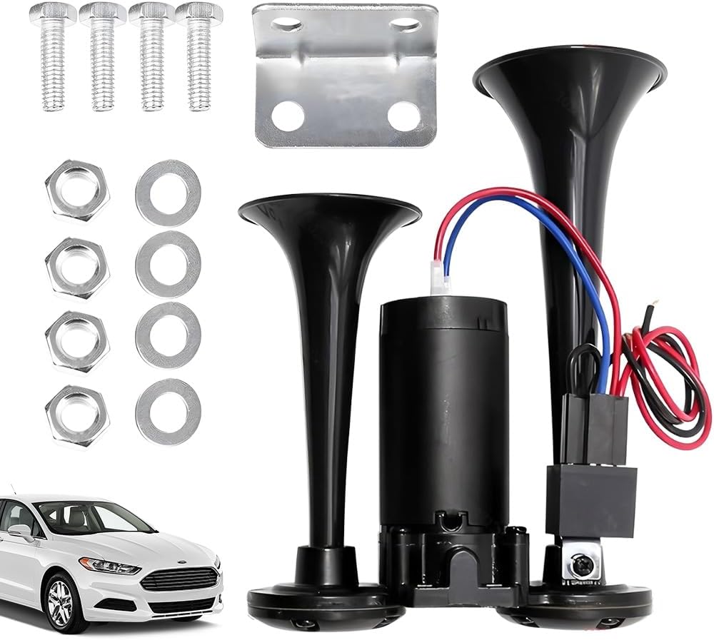 Air Horn 12V, 150 DB Super Loud Car Horn, Double Tube Train Horn with Compressor for Trucks Trains Lorrys Cars Boats Van (Black)