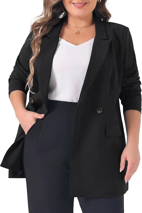 Agnes Orinda Plus Size Blazers for Women Lapel Button with Pocket Office Work Jackets Long Blazer