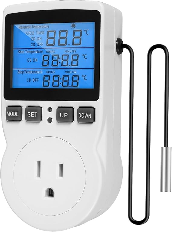 Plug in Thermostat Temperature Controller Socket, 1800W 15A/120V Safe Thermostat Timer Outlet LCD Display Heating Cooling Control Timer Plug Smart Digital Plug in Temp Controller, Backlit Display