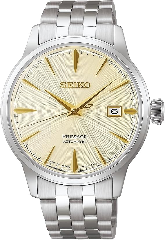 PRESAGE SARY132 Men's Watch, Made in Japan, Mechanical, Automatic Hand Winding Cocktail Time | Side Car Warm Grey Stainless Steel Leather Strap with Power Reserve and Date Calendar Hands