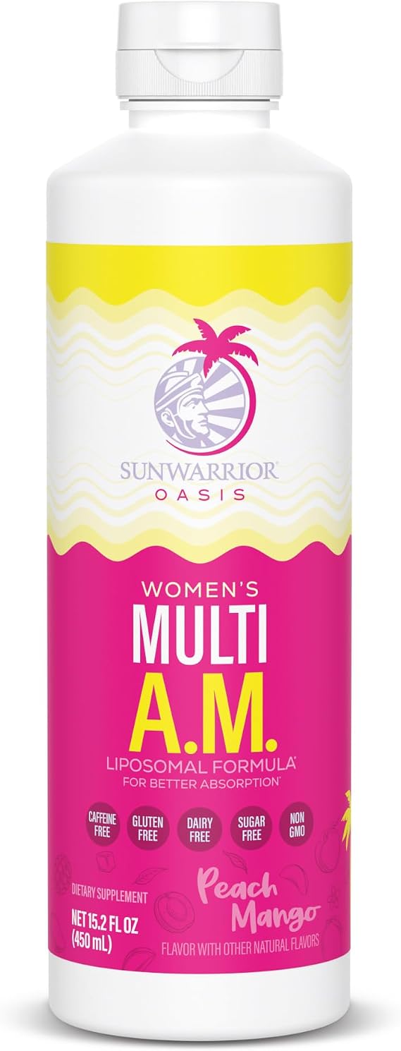 Sunwarrior Liquid Multivitamins for Women Immune Support Supplement with B Vitamins D3 Lions Mane Ginseng Curcumin MCT Oil | Multi AM for Her, Peach Mango Flavored (30 Servings)
