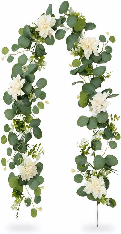 Artificial Eucalyptus Garland Green 5.9ft Faux Greenery Garlands with Leaves and Flowers for Wedding Table Mantel Fireplace Wall Decor (white)