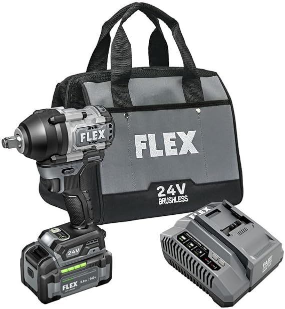 FLEX 24V Brushless Cordless 1/2-Inch 750 Ft-Lbs Mid-Torque Impact Wrench Kit with 5.0Ah Lithium Battery and 160W Fast Charger - FX1451-1C