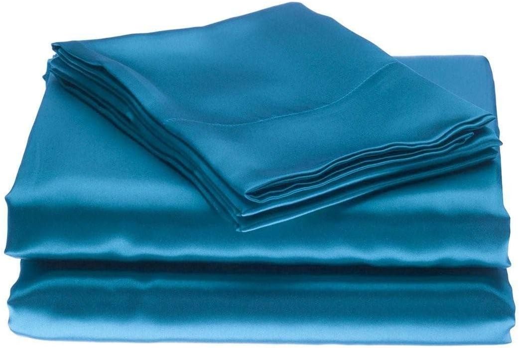 100% Pure Silk Satin Sheet Set 6pcs, Silk Fitted Sheet 20" Deep Pocket Mattress fit,Silk Flat Sheet&Silk Pillowcases Sets Cool Soft Silk Sheets|Fade ResistantQueen Turquoise Blue