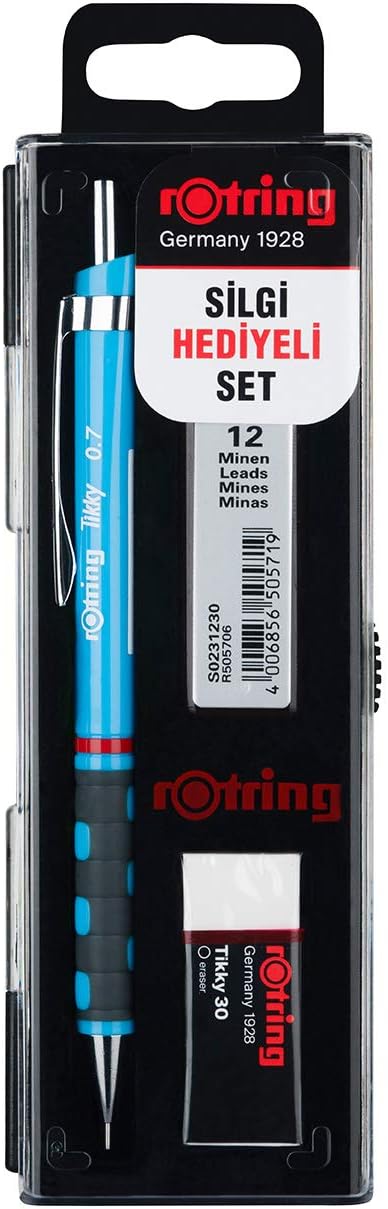 rotring Tikky Mechanical Pencil, Tip and Eraser Set, 0.7 mm Pen, 2D Tip, Medium Size Eraser, Light Blue, Set of 3