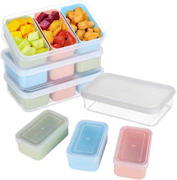 4-Pack Snack Storage Boxes with 3 Removable Compartments, Stackable, Reusable, Dishwasher & Microwave Safe