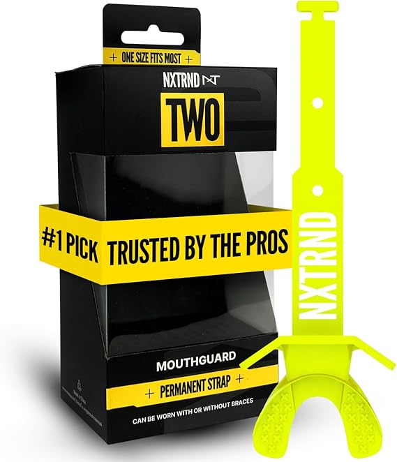 Nxtrnd Two Football Mouth Guard, Permanent Strap, Fits Adult & Youth (Neon Yellow)