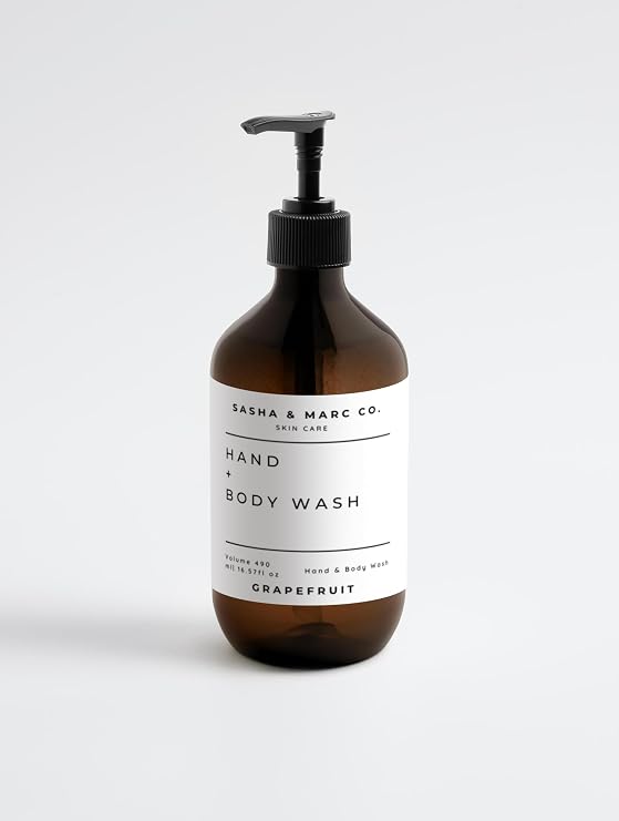 Grapefruit Hand and Body Wash, 16.57 fl oz/490 ml, Amber Bottle with Pump, Amber, Vegan, Gluten Free, Nut Free, Natural Certified