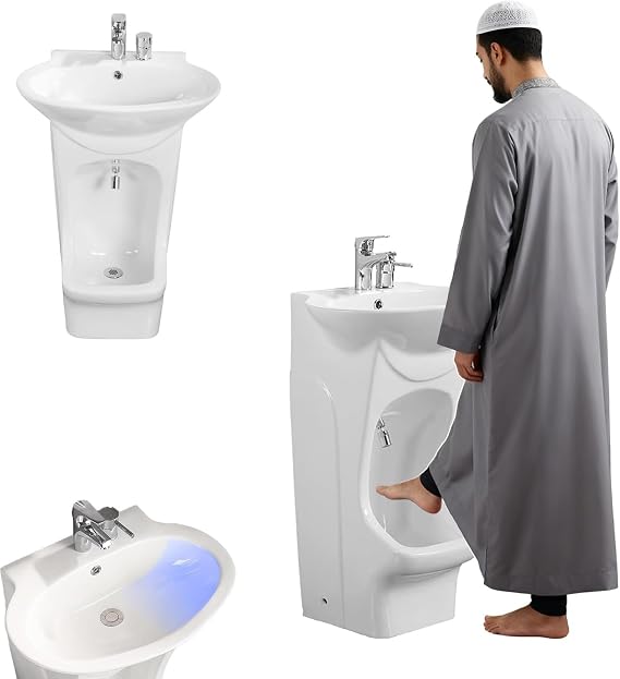 Vertical Ceramic Wash Basin, 2 in 1 Muslim Ablution Basin with Dual Level Wash, Bathrooms Wudu Washbasin with Foot Washing Space, 360 Degree Tap, Perfect Wudu Basin for Home, Bathroom