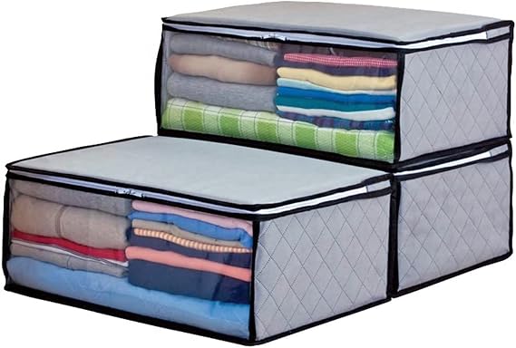 Astro 171-01 Set of 3 Storage Cases for Clothes, Gray, Odor-Removing with Activated Carbon, Made of Breathable Non-Woven Fabric, Guards Against Dust and Dirt,  with Transparent Window and Lid