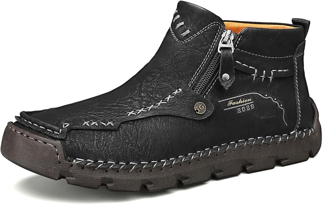 Men's Casual Leather Shoes Loafers Fashion Comfortable Ankle Chukka Boots Hand Stitched Mid-top Loafers