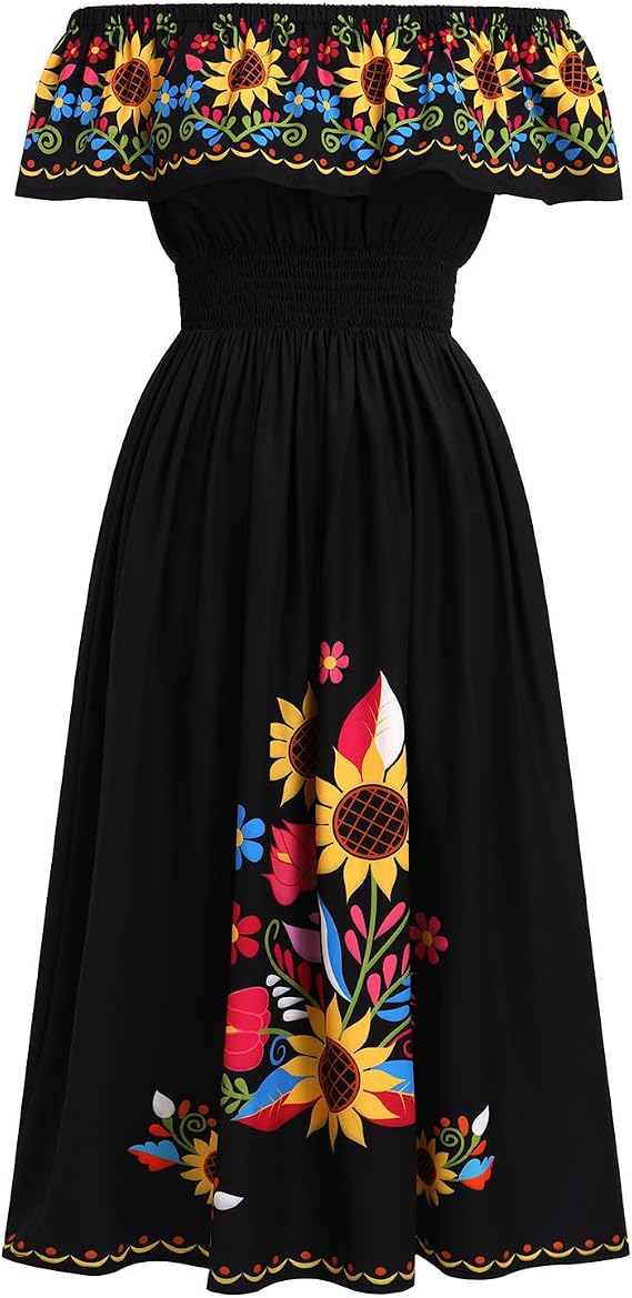 IKADEX Mexican Dress for Women Sunflower Print Off Shoulder Pageant Party Cinco de Mayo Dresses