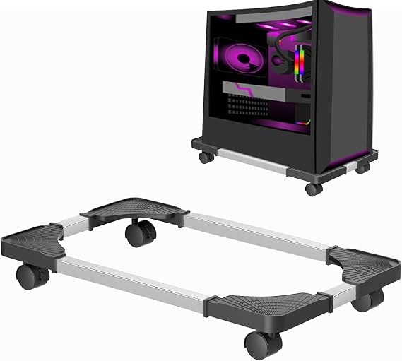 Adjustable Mobile CPU Stand, Computer Stand with 4 Rolling Caster Wheels, Under Desk Tower Mount, PC Floor Cart PC Riser for Gaming, Office - Black