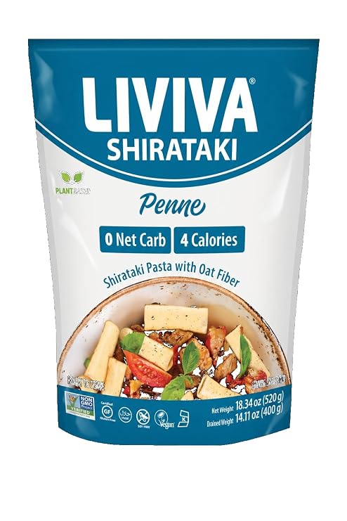 LIVIVA Shirataki Konjac Penne (6 Pk - 110 oz) Diabetic-Friendly Low Carb, Low Calorie Pasta Noodles Ready to Serve No Odor, Certified Non-GMO, Gluten Free, Vegan, Plant-Based, Keto, Kosher, Halal