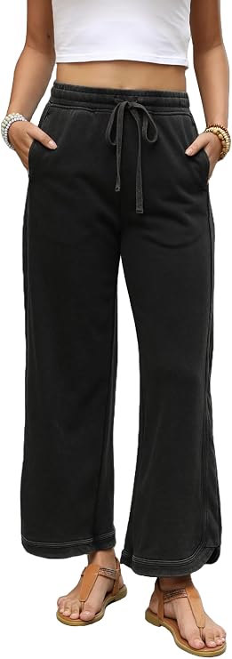 Women Casual Wide Leg Pants Cotton Palazzo Lounge Trousers Loose Sweatpants with Pockets