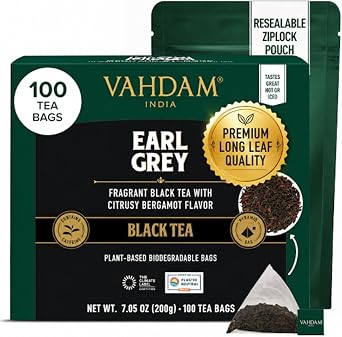 VAHDAM, Earl Grey Black Tea Bags 100 Count Medium Caffeine, Non GMO, Gluten Free | Citrus Bergamot & Smooth | Resealable Ziplock Pouch | Plant Based Tea Bags