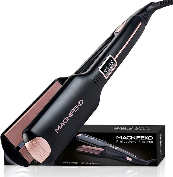 Professional Flat Iron Hair Straightener Wide Plate & Digital Display - Dual Voltage Titanium Hair Straighteners (Black Rosegold)
