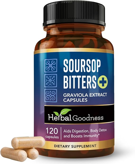 Herbal Goodness Soursop Bitters Capsules 120 ct - 10 in 1 with Moringa, Papaya, Burdock & Ginger | Cell, Gut & Immune Support Supplement, Soursop Leaves Organic, Natural Herbal Tonic, Vegan, Non-GMO