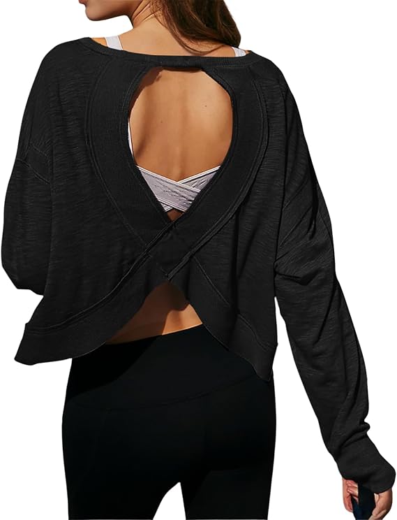 Open Back Workout Tops for Women Long Sleeve Casual Crop Athletic Shirts 100% Cotton Gym Yoga Backless Oversize Tops