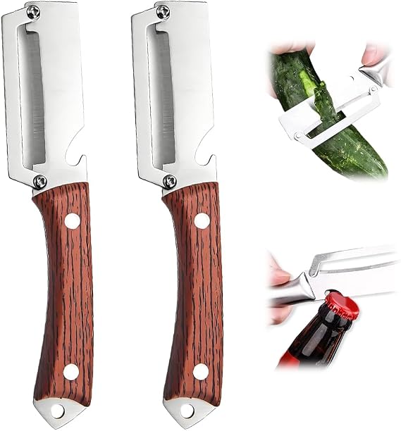 Multi-Functional Vegetable Peeler with Bottle Opener, Stainless Steel Peeler with Wooden Handle, Kitchen Gadgets Tool for Fruit Veggie Pumpkin Potato (Brown-2 pcs)