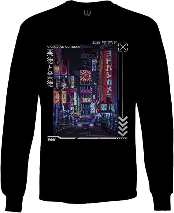 0408. Aesthetic Japanese City Vaporwave Art Cyberpunk Retro Street wear Long Sleeve Men's