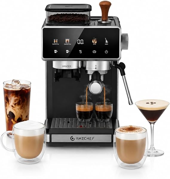 AMZCHEF Bean to Cup Coffee Machine, 20 Bar Espresso Machine with Grinder