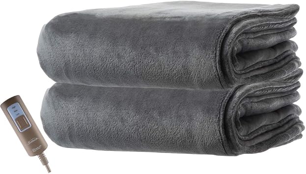 Sunbeam Premium Soft Electric Heated Throw Blanket Velveteen Plush, Washable with 3 Heat Settings and Auto Shut-Off, Steel Gray