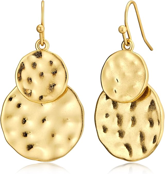 Antique Gold Hammered Disc Drop Earrings Boho Earrings with Two Tone Jewelry Gift