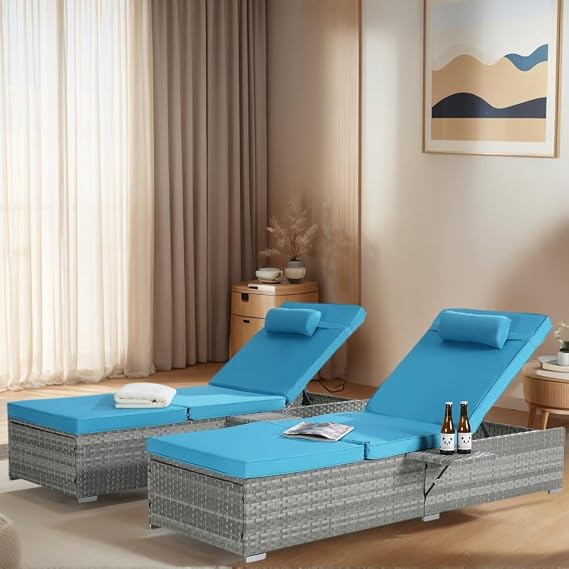 Outdoor Chaise Lounge Set of 2, Adjustable Patio Chaise Lounge with Cushions - 5-Position PE Rattan Pool Lounge Chairs, All-Weather & Lightweight (Light Blue)