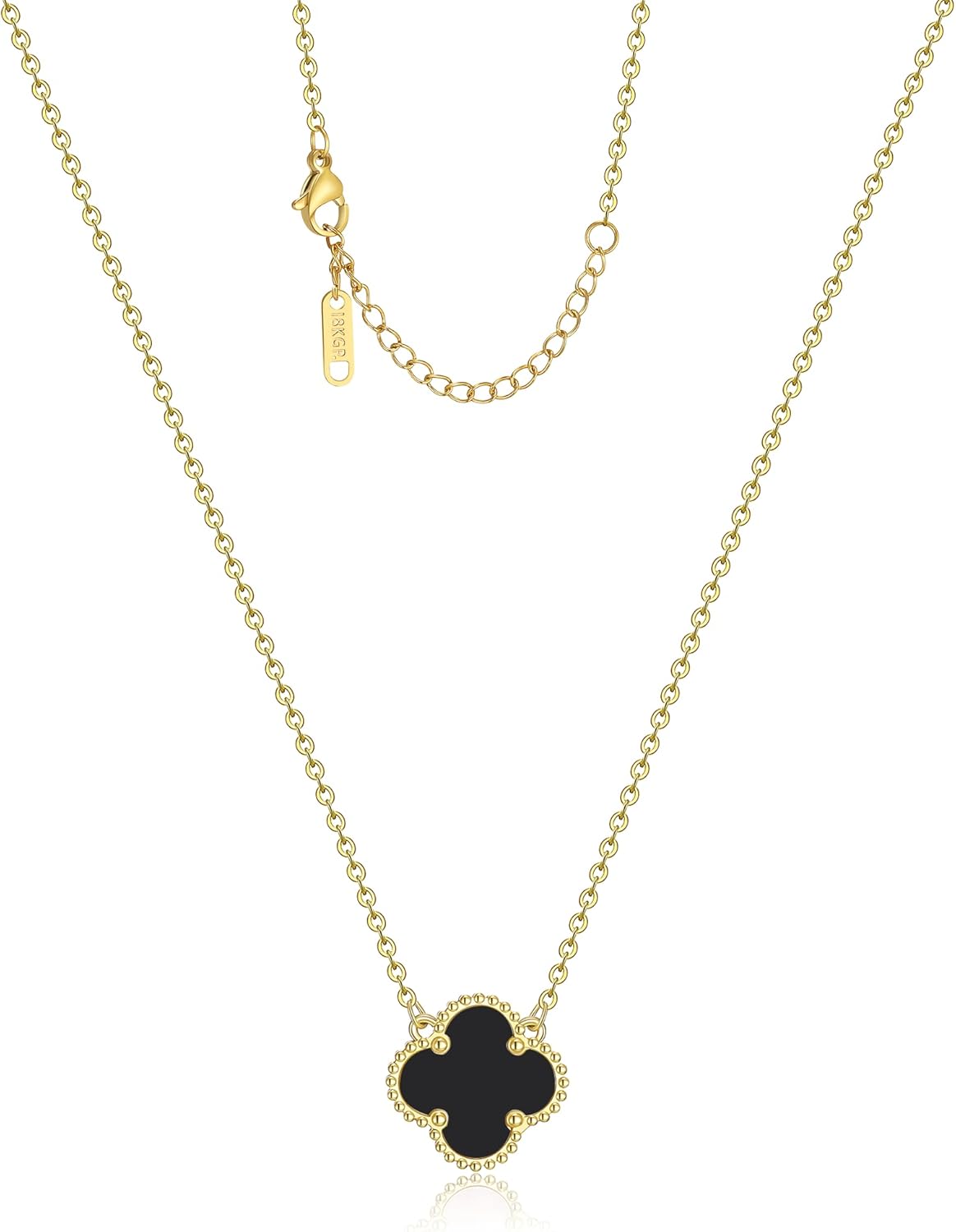 Clover Pendant Necklace for Women 18K Gold Plated Four Leaf Clover Necklace Lucky Simple Colorful Necklace Jewelry Gifts for Women Black