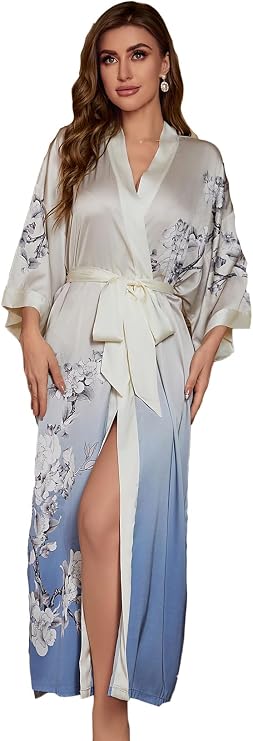 Women's Flower Print Satin Dressing Gown Long Silk Kimono Robe Loose Sleepwear Robes